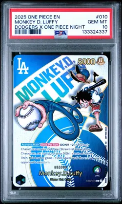 2025 ONE PIECE PROMOS DODGERS X ONE PIECE NIGHT #010 MONKEY D. LUFFY PSA 10 - Image 1