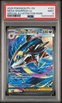 2025 POKEMON PFL SPECIAL ILLUSTRATION RARE #127 MEGA SHARPEDO EX PSA 9 - Image 1