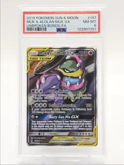 MUK & ALOLAN MUK GX 2019 POKEMON UNBROKEN BONDS RARE 197/214 PSA 8 Q3626 - Image 1