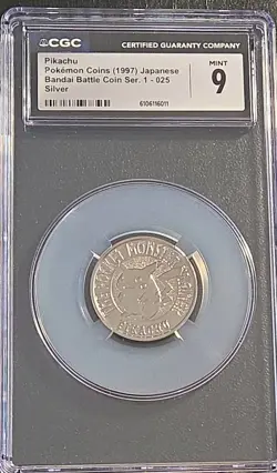 Pikachu 1997 Bandai Pokemon Battle Coin Japan Ser 1-025 Silver CGC Mint 9 Pop 1 - Image 1