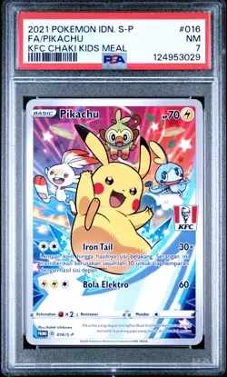 2021 POKEMON INDONESIAN S PROMO KFC CHAKI KIDS MEAL #016 FULL ART/PIKACHU PSA 7 - Image 1