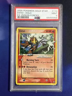 Pokemon Entei Gold Star Holo 2005 EX Unseen Forces #113 PSA 9 Mint - Image 1