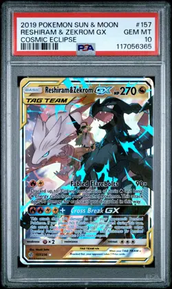 2019 POKEMON SUN & MOON COSMIC ECLIPSE #157 RESHIRAM & ZEKROM GX PSA 10 - Image 1