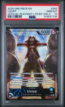 2025 ONE PIECE PROMOS OFFICIAL PLAYMAT LTD EDITION VOL.3 #042 USOPP PSA 10 - Image 1