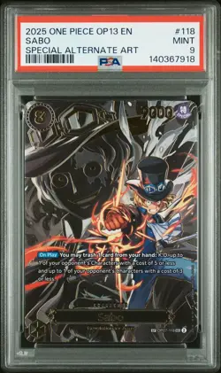 2025 ONE PIECE OP13-CARRYING ON HIS WILL SPECIAL ALTERNATE ART #118 SABO PSA 9 - Image 1