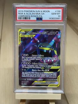 Muk & Alolan Muk GX Full Art 196/214 S&M Tag Team Unbroken Bonds GEM MINT PSA 10 - Image 1