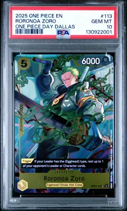 2025 ONE PIECE PROMOS ONE PIECE DAY DALLAS #113 RORONOA ZORO PSA 10 - Image 1