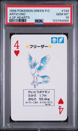 1996 POKEMON GREEN VERSION PLAYING CARDS 4 OF HEARTS #144 ARTICUNO PSA 10 - Image 1