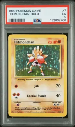 1999 POKEMON BASE SET UNLIMITED #7 HITMONCHAN-HOLO PSA 5 - Image 1