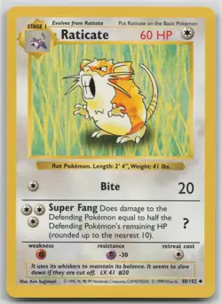 SHADOWLESS Pokemon Card Raticate Uncommon Base Set (Shadowless) 040/102 LP Vinta - Image 1