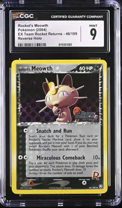 CGC 9 Rocket's Meowth EX Team Rocket Returns 46/109 Reverse Holo Stamped Pokemon - Image 1