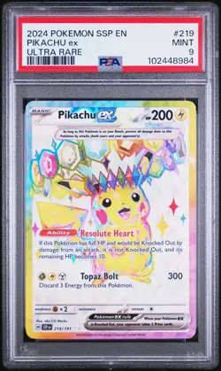 2024 POKEMON SSP EN-SURGING SPARKS ULTRA RARE #219 PIKACHU EX PSA 9 - Image 1