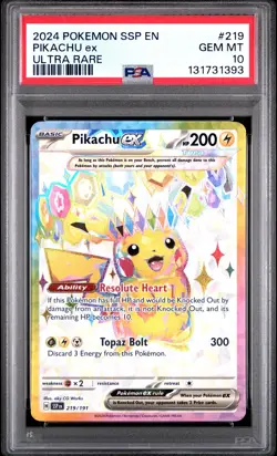 2024 POKEMON SSP EN-SURGING SPARKS ULTRA RARE #219 PIKACHU EX PSA 10 - Image 1