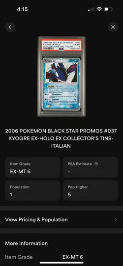 POP 1 PSA 6 Italian POKEMON 2006 BLACK STAR PROMOS #037 KYOGRE EX-HOLO - Image 3