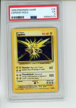 1999 Pokemon Base Set Zapdos 16/102 Unlimited Holo Rare PSA 5 EX - Image 1