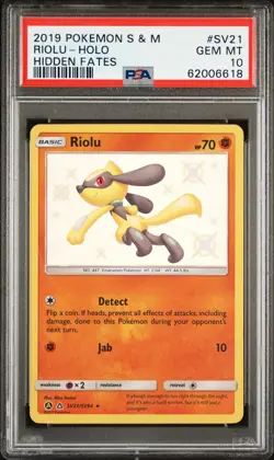 2019 POKEMON SUN & MOON HIDDEN FATES #SV21 RIOLU-HOLO PSA 10 - Image 1