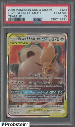 2019 Pokemon Sun & Moon Team Up #120 Eevee & Snorlax GX PSA 10 GEM MINT - Image 1