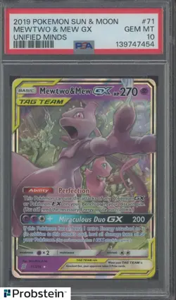 2019 Pokemon Sun & Moon Unified Minds #71 Mewtwo & Mew GX PSA 10 GEM MINT - Image 1