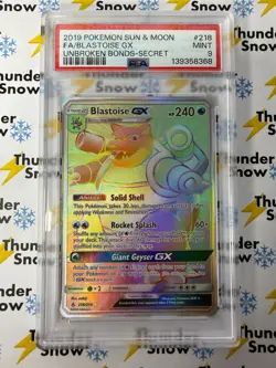 ⚡❄ 2019 Pokemon Sun & Moon Unbroken Bonds Secret #218 Blastoise GX FA PSA 9 - Image 1