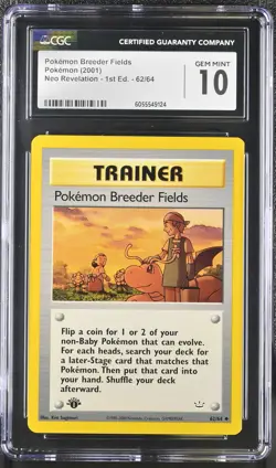 CGC 10 Pokemon Breeder Fields Neo Revelation 1st Edition 62/64 Pokemon Card - Image 1