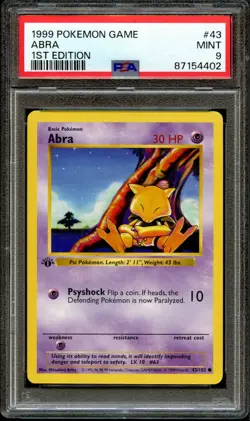 Pokemon Card: 1st Edition ABRA 1999 BASE PSA 9 MINT - Image 1