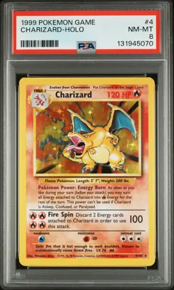 1999 WOTC POKEMON GAME BASE SET UNLIMITED CHARIZARD #4/102 RARE HOLO FOIL PSA 8 - Image 1