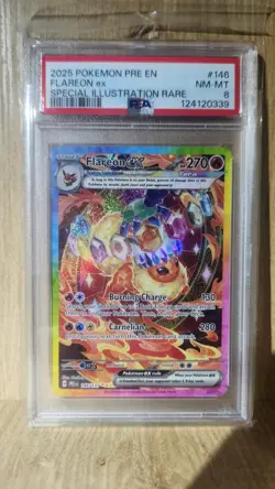 2025 POKEMON PRISMATIC EVOLUTIONS SPECIAL ILLUSTRATION RARE FLAREON EX PSA 8 - Image 1