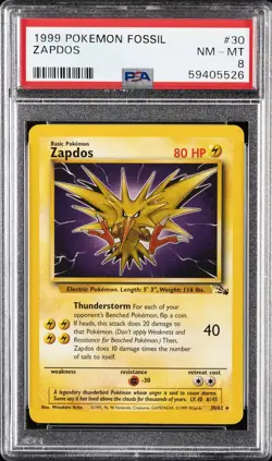 1999 POKEMON FOSSIL #30 ZAPDOS PSA 8 - Image 1