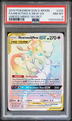 2019 POKEMON SUN & MOON UNIFIED MINDS SECRET #242 FULL ART/MEWTWO & MEW GX PSA 8 - Image 1
