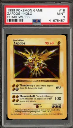 Pokemon Zapdos Base Set Shadowless Holo Rare #16 PSA 9 Mint - Image 1