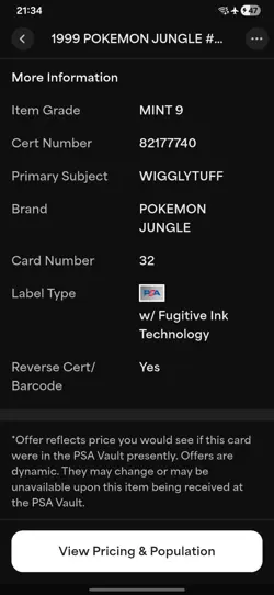 Pokemon Wigglytuff Card 32/64 Jungle Set 1999 PSA 9 - Image 3