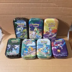 Pokemon TCG Empty Mini Tin Lot of 7 Pokemon No Packs Scorbunny Galarian Pikachu - Image 1