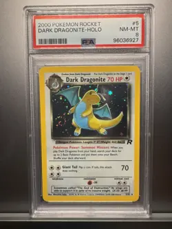PSA 8 Dark Dragonite 5/82 Team Rocket Holo Pokemon WOTC 2000 - HUGE Full Swirl - Image 1