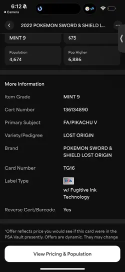 PSA 9 MINT Pikachu V TG16/TG30 TRAINER GALLERY HOLO Lost Origin Pokemon Card 007 - Image 3