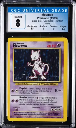 1999 POKEMON BASE SET - UNLIMITED HOLO #010/102 MEWTWO CGC 8 - Image 1