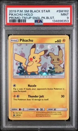 2019 Pokemon SM Black Star Promo Pikachu (w Mimikyu) Holo Team Up Blister PSA 9 - Image 1