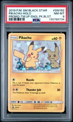 2019 Pokemon Sun & Moon Team Up Pikachu Blister Promo Holo SM162 PSA 8 NM-MT - Image 1