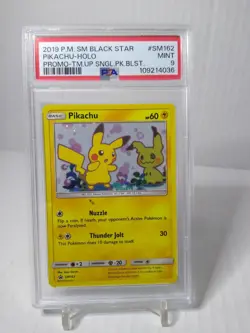 PSA 9 Pikachu Holo Promo #SM162 2019 Pokemon Black Star Team Up - Image 1