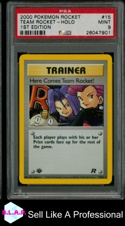 HERE COMES TEAM ROCKET POKEMON 15/82 2000 TEAM ROCKET HOLO 1ST EDITION EN PSA 9 - Image 1