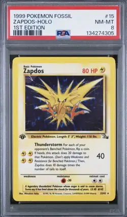 1999 Pokemon Fossil ZAPDOS HOLO 1st Edition 15/62 PSA 8 NM-MT - Image 1