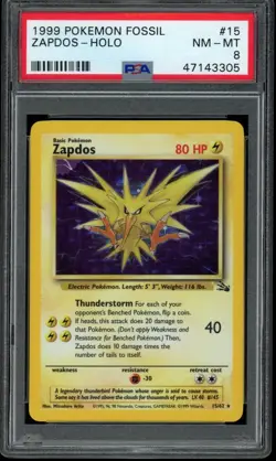 1999 Pokemon Fossil Unlimited Zapdos Holo #15 15/62 Rare PSA 8 NM-MT Fresh Grade - Image 1