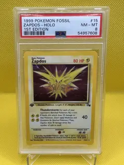 1999 POKEMON FOSSIL #15 ZAPDOS HOLO NM-MT PSA 8 1ST EDITION 15/62 - Image 1