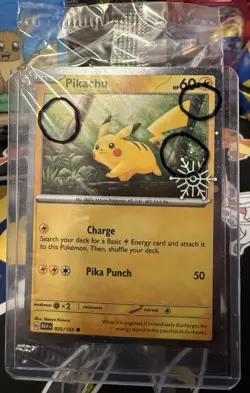 Pikachu 3X Swirl 025/165 Factory Sealed Snowflake Stamped Cosmos Holo NM Pokemon - Image 1