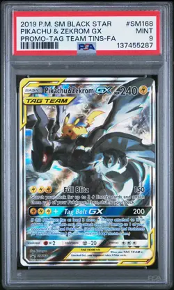 2019 POKEMON TAG TEAM TINS PROMO #SM168 FULL ART/PIKACHU & ZEKROM GX PSA 9 - Image 1