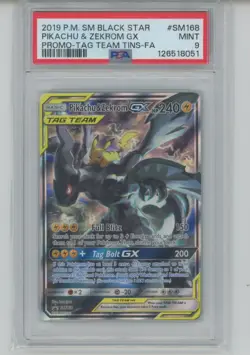 PSA 9 PIKACHU & ZEKROM GX 2019 Pokemon SM BLACK STAR #SM168 PROMO TAG TEAM TINS - Image 1