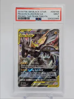 PIKACHU & ZEKROM GX 2019 POKEMON BLACK STAR PROMO TAG TEAM #SM168 PSA 9 Q0465 - Image 1