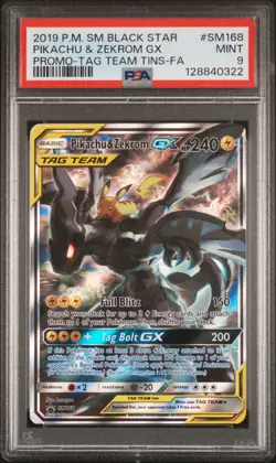 2019 POKEMON TAG TEAM TINS PROMO #SM168 FULL ART/PIKACHU & ZEKROM GX PSA 9 - Image 1