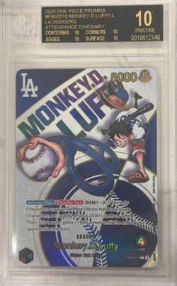 BGS 10 BLACK LABEL One Piece Los Angeles Dodgers Monkey D. Luffy Promo Card - Image 1