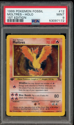 1999 Pokemon Vintage Fossil 1st Edition #12 Moltres Holo PSA 9 MINT - Image 1