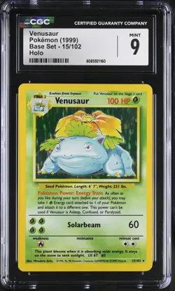 Pokemon TCG 1999 Vintage Base Set Holo Venusaur 15/102 Near Mint CGC 9 - Image 1